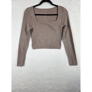Y2K Crop Top Womens XS/S Taupe Square Neck Ribbed LS Forest Girl Grunge Stretchy